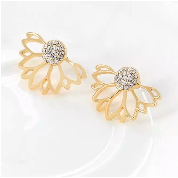 Gold Lotus Flower Pave’ Crystal Jacket Earrings - Picture 2 of 4
